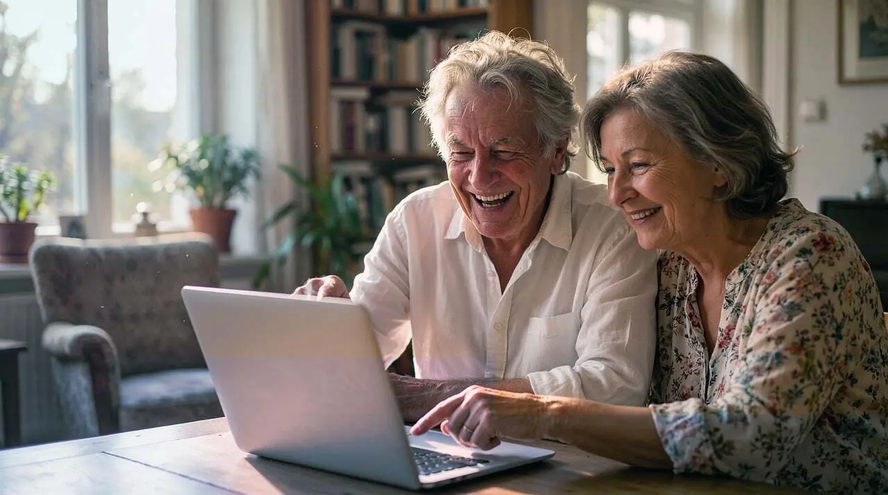 To mennesker fordyber sig i noget på en bærbar computer.